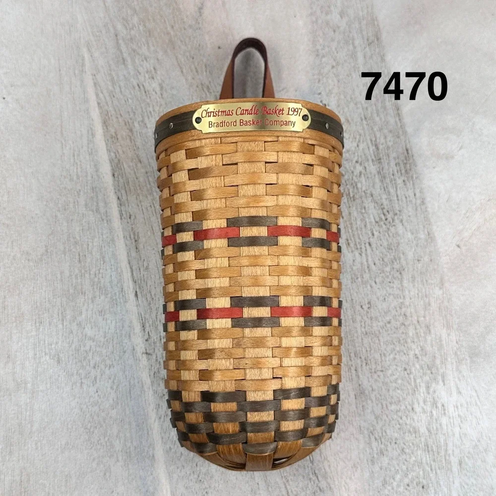 Bradford Basket Company 1997 Christmas Candle Basket Woven Wood Leather Handle